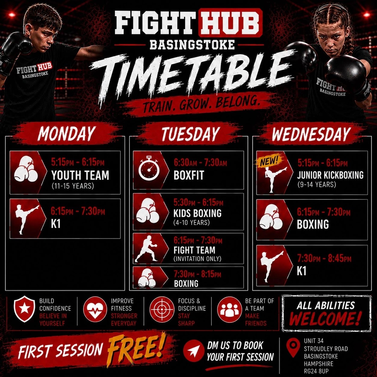 Fight Hub Basingstoke timetable, Monday to Wednesday