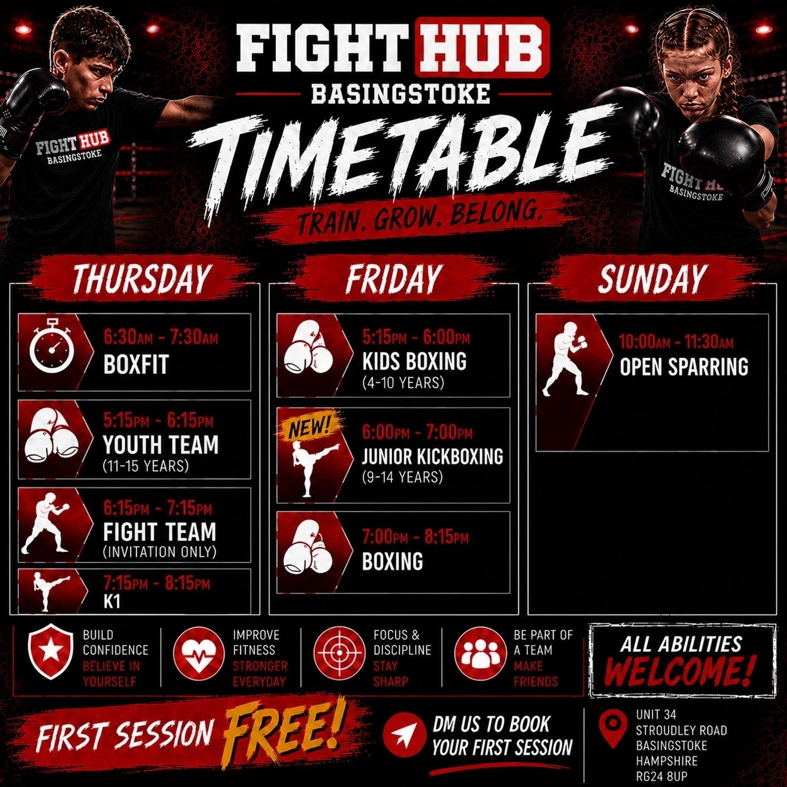 Fight Hub Basingstoke timetable, Thursday to Sunday